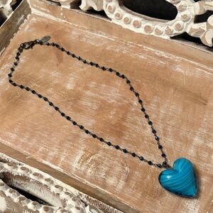 Lampworked Glass Heart Pendant on Blue Australian Crystal Beaded Necklace.